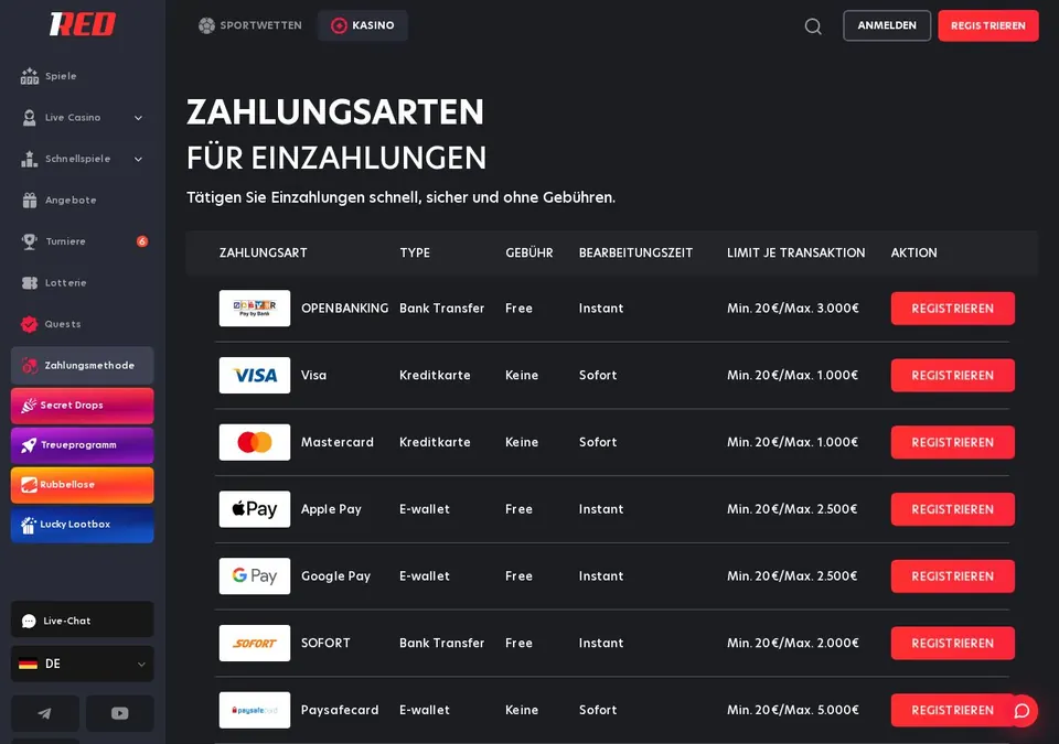 1Red Casino: Kassenseite mit Zahlungsmethoden (Screenshot von www.1red.com)