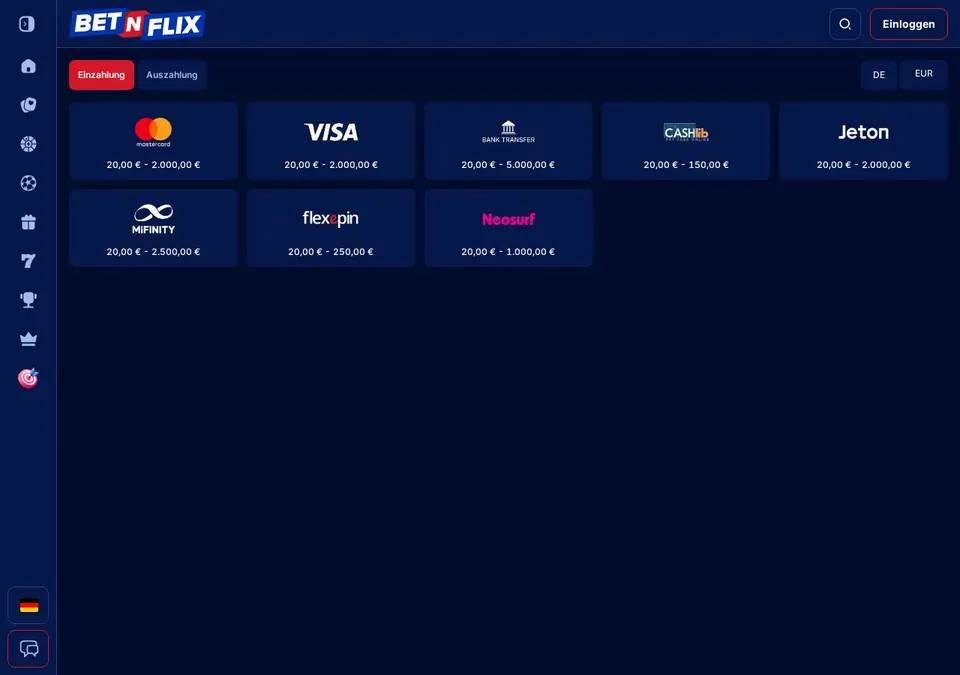 Betnflix: Kassenseite mit Zahlungsmethoden (Screenshot von betnflix.com)