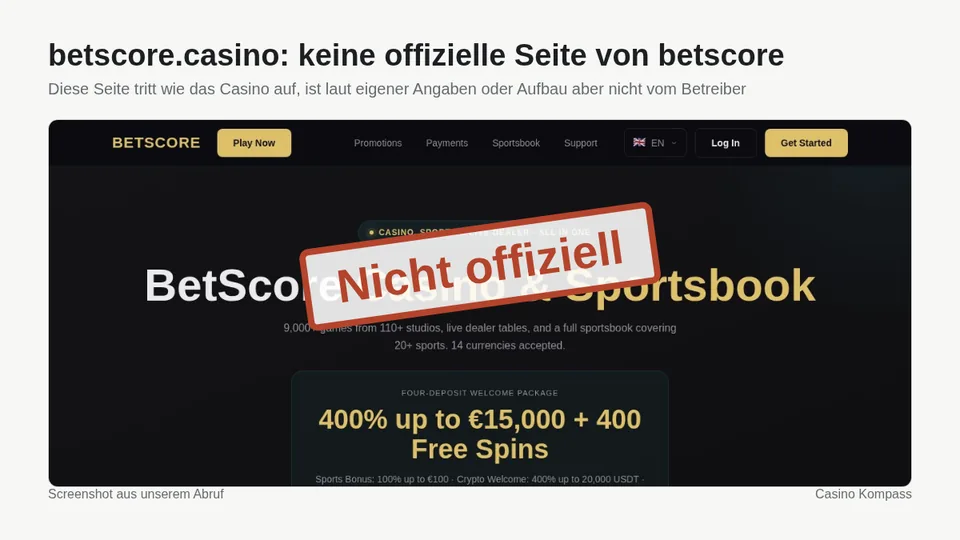 Screenshot von betscore.casino: keine offizielle Seite von betscore