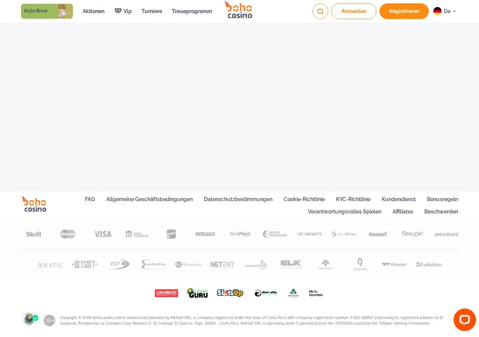Boho Casino: Kassenseite mit Zahlungsmethoden (Screenshot von bohocasino.com)
