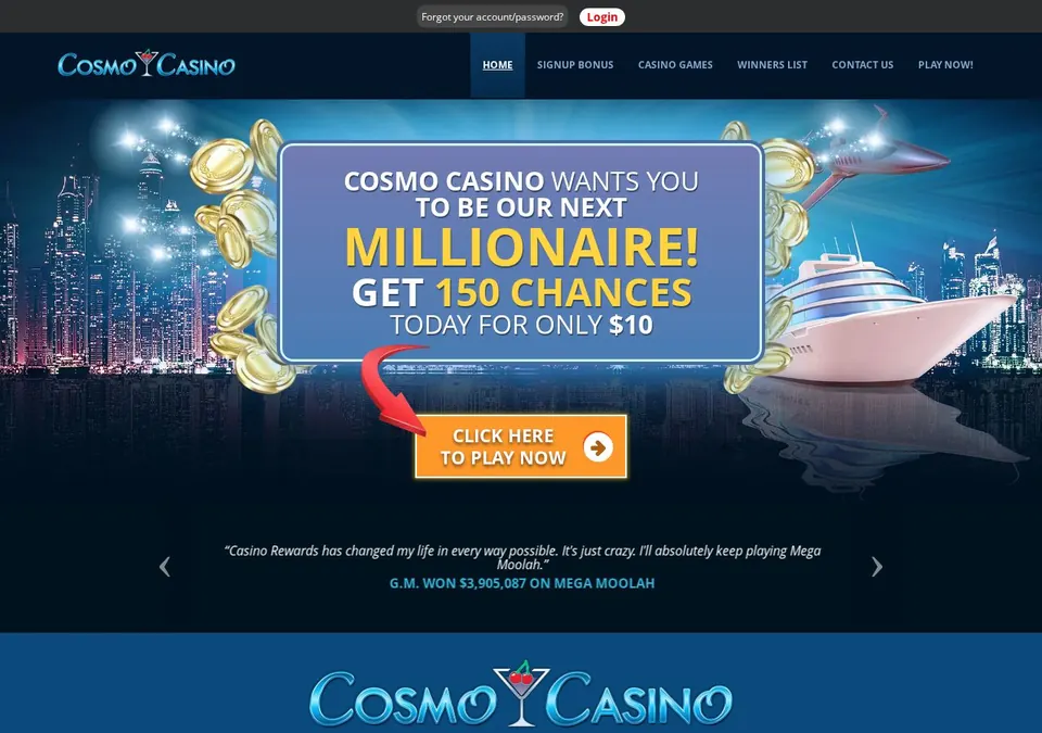 Cosmo Casino: Startseite (Screenshot von www.cosmocasino.com)