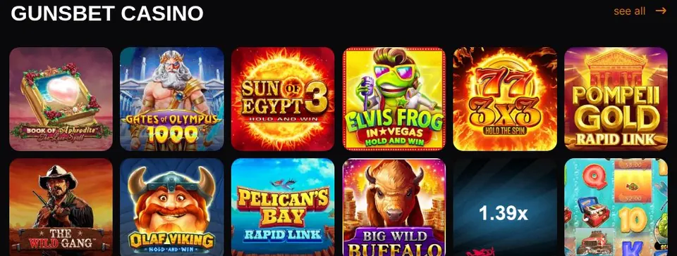 Gunsbet Casino: Spielelobby (Screenshot von gunsbet.com)