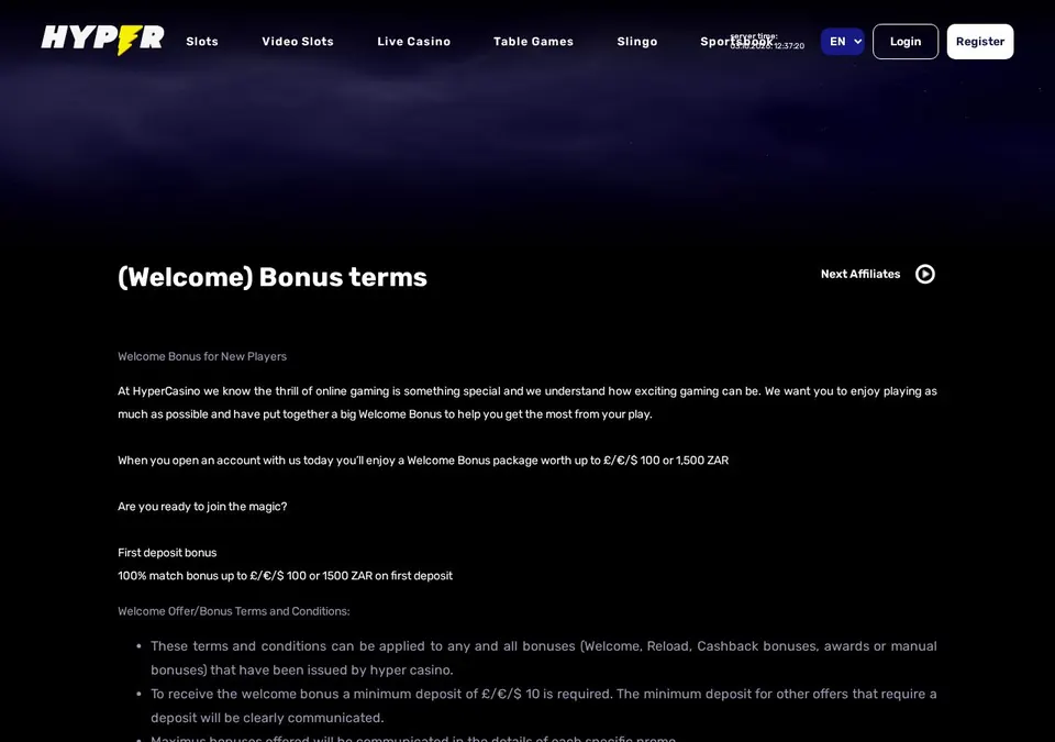 Hyper Casino: Bonusseite (Screenshot von www.hypercasino.com)