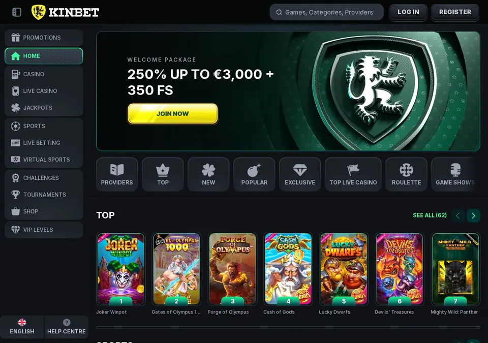 kinbet: Startseite (Screenshot von kinbet.com)