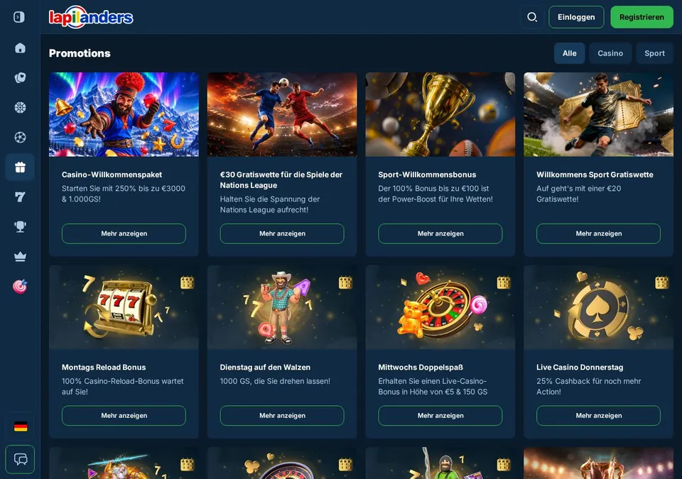 Lapilanders Casino: Bonusseite (Screenshot von lapilanders.com)