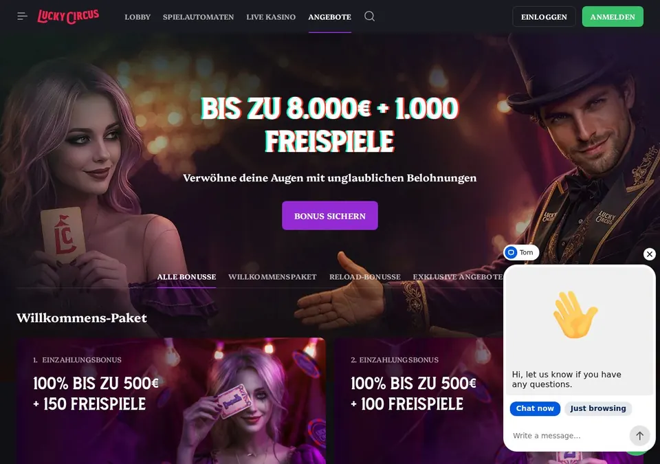 Lucky Circus Casino: Bonusseite (Screenshot von www.luckycircus.com)