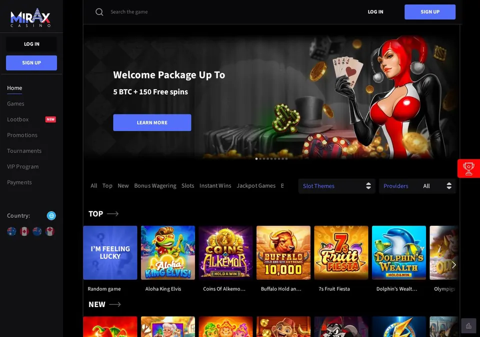 Mirax Casino: Startseite (Screenshot von www.miraxcasino.com)