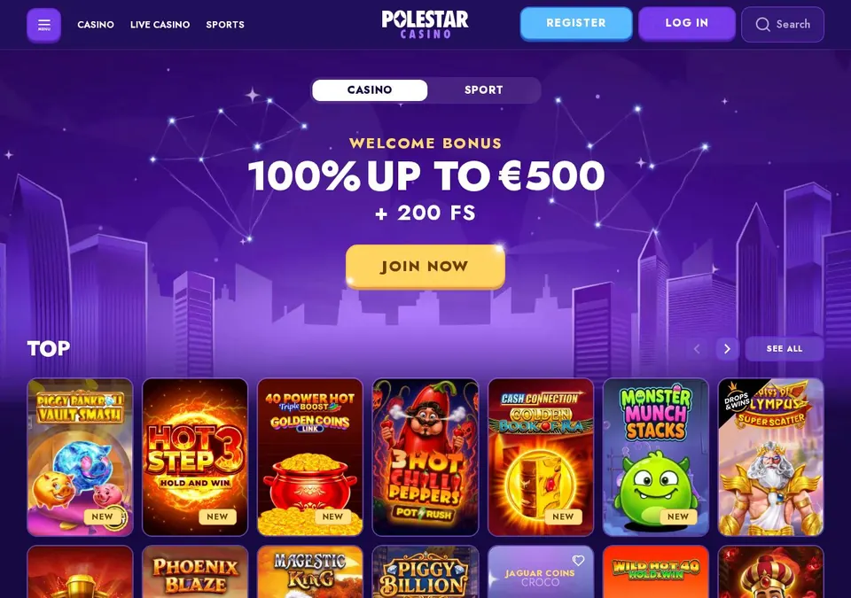 Polestar Casino: Startseite (Screenshot von polestarcasino.com)