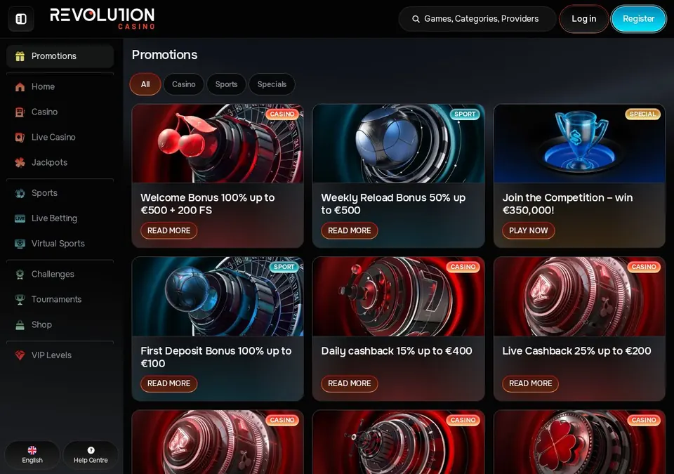 Revolution Casino: Bonusseite (Screenshot von revolutioncasino.com)