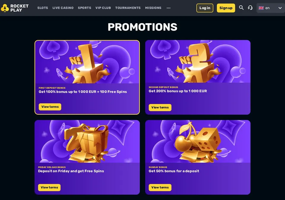 Rocketplay: Bonusseite (Screenshot von rocketplay.com)