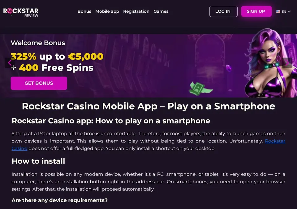 Rockstar Casino: App-Seite (Screenshot von rockstar.casino)