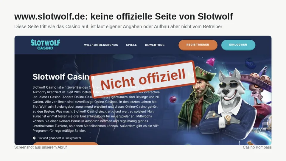 Screenshot von www.slotwolf.de: keine offizielle Seite von Slotwolf
