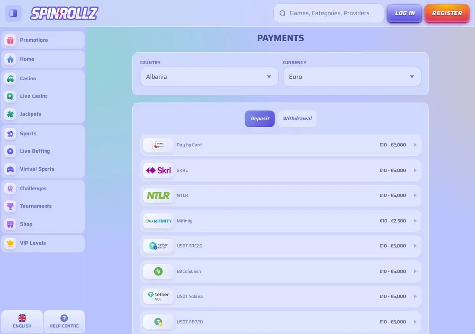 Spinrollz: Kassenseite mit Zahlungsmethoden (Screenshot von spinrollz.com)