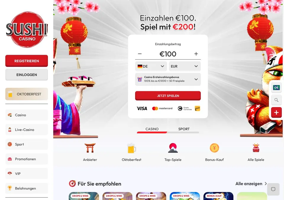 Sushi casino: Startseite (Screenshot von www.sushicasino.com)