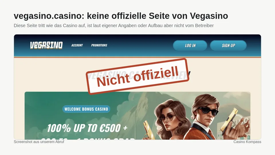 Screenshot von vegasino.casino: keine offizielle Seite von Vegasino