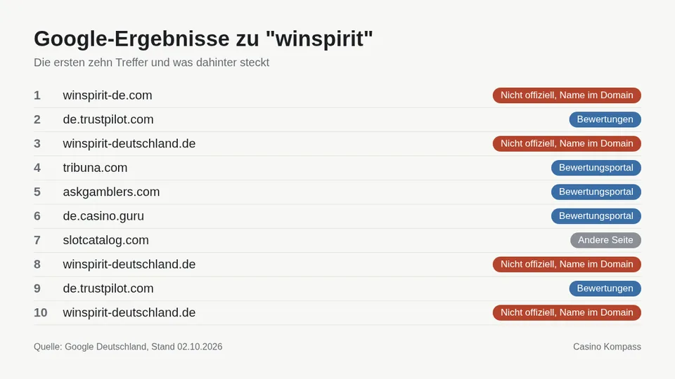 Google-Ergebnisse zu winspirit mit Einordnung der Websites