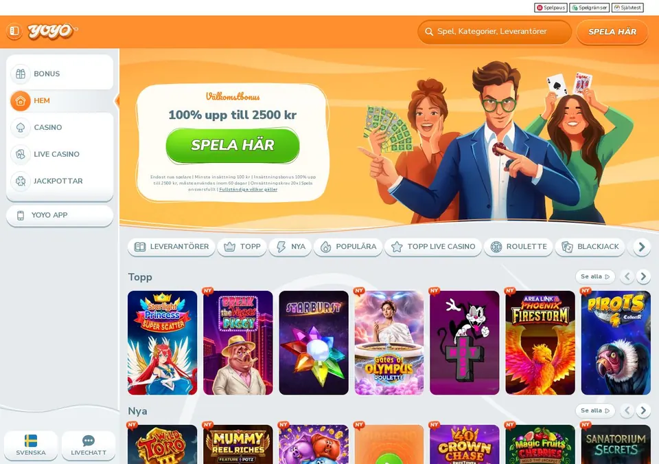 Yoyo Casino: Startseite (Screenshot von yoyocasino.se)