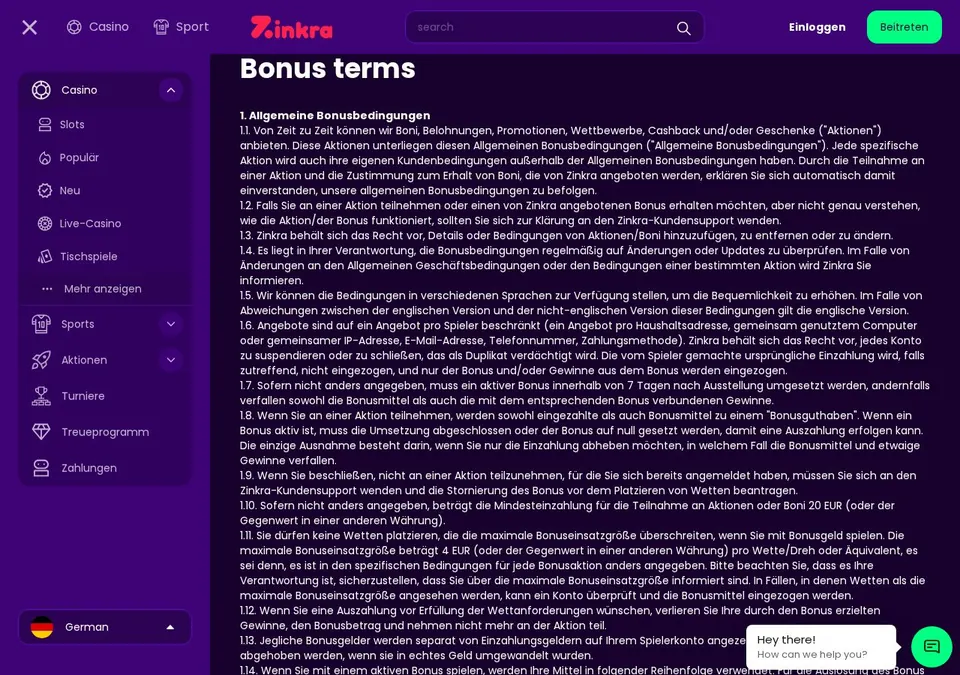 Zinkra Casino: Bonusseite (Screenshot von zinkra.com)